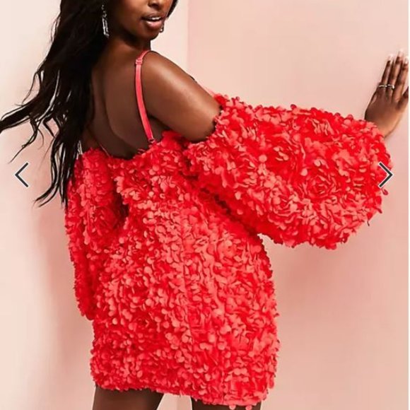 ASOS LUXE 3D flower mini dress with puff sleeves in red NWT 10 - Picture 3 of 7